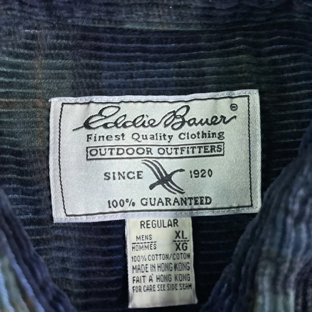 Vintage Eddie Bauer Shirt Mens XL Blue Green Plaid Wide Wale Corduroy Button Up